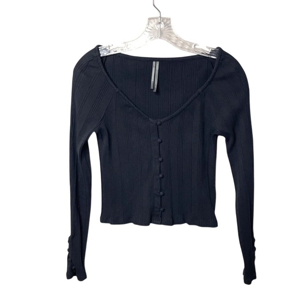by Anthropologie Button Front Ribbed Long Sleeve Crop Top Black Women's Size M